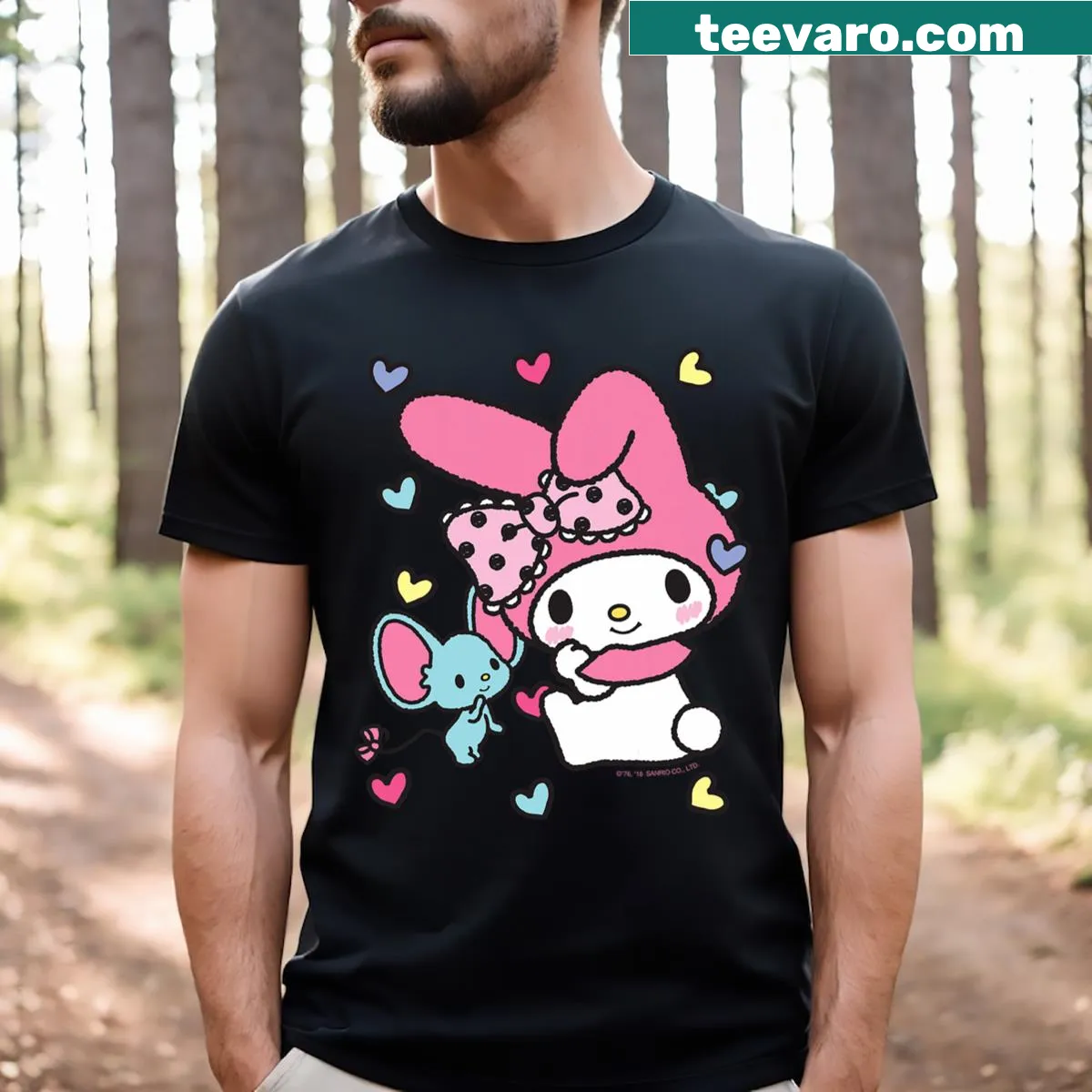 Cute tee with My Melody and friends surrounded by hearts — on a men's t-shirt