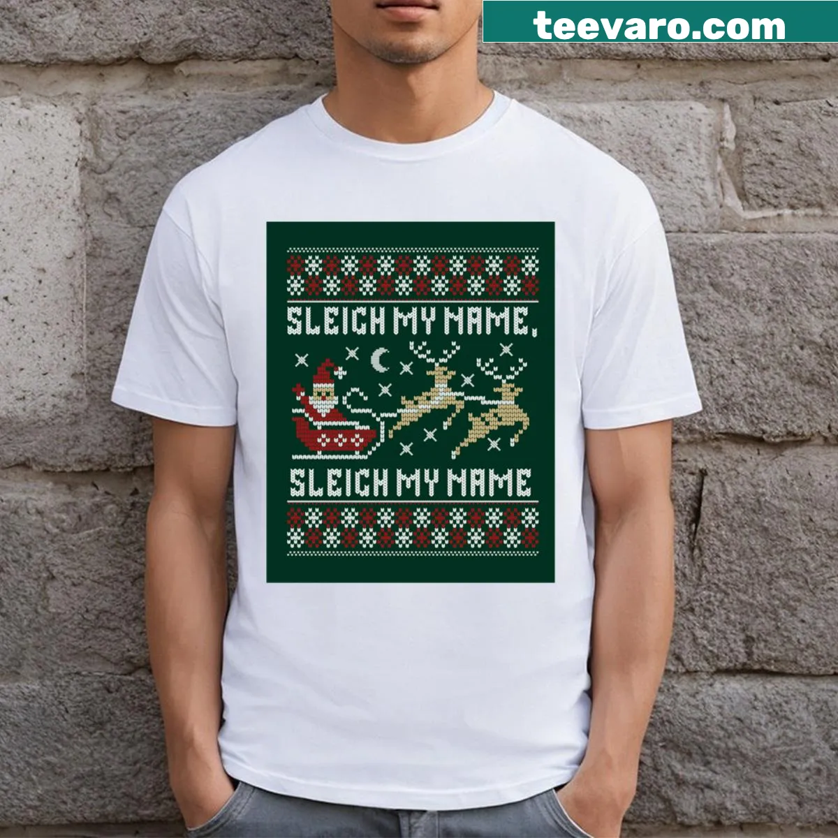 Playful holiday T-shirt with 'Oh Deer! Sleigh My Name' graphic — on a men's t-shirt