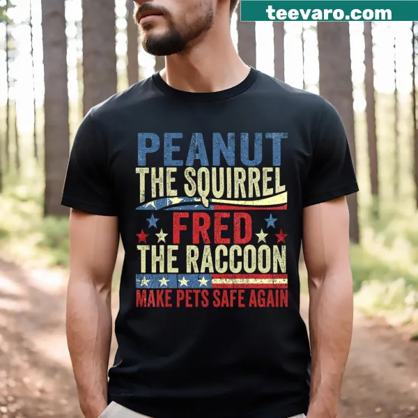 T-shirt featuring Peanut the Squirrel and Fred the Raccoon advocating pet safety