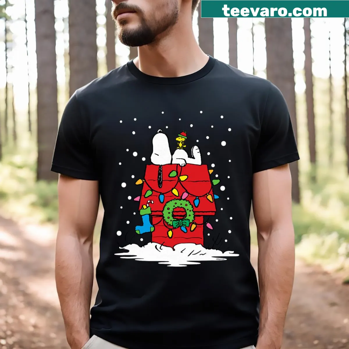 Snoopy and Woodstock holiday-themed T-shirt in stocking design — on a men's t-shirt