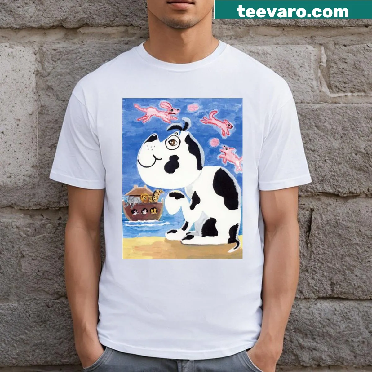 Illustration of Randy the Dog on the ark, celebrating pet companionship — on a men's t-shirt
