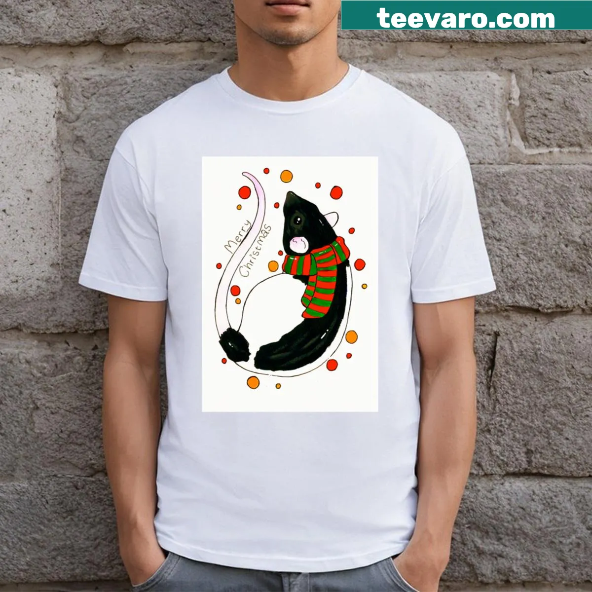 Christmas shirt featuring a charming rat illustration — on a men's t-shirt
