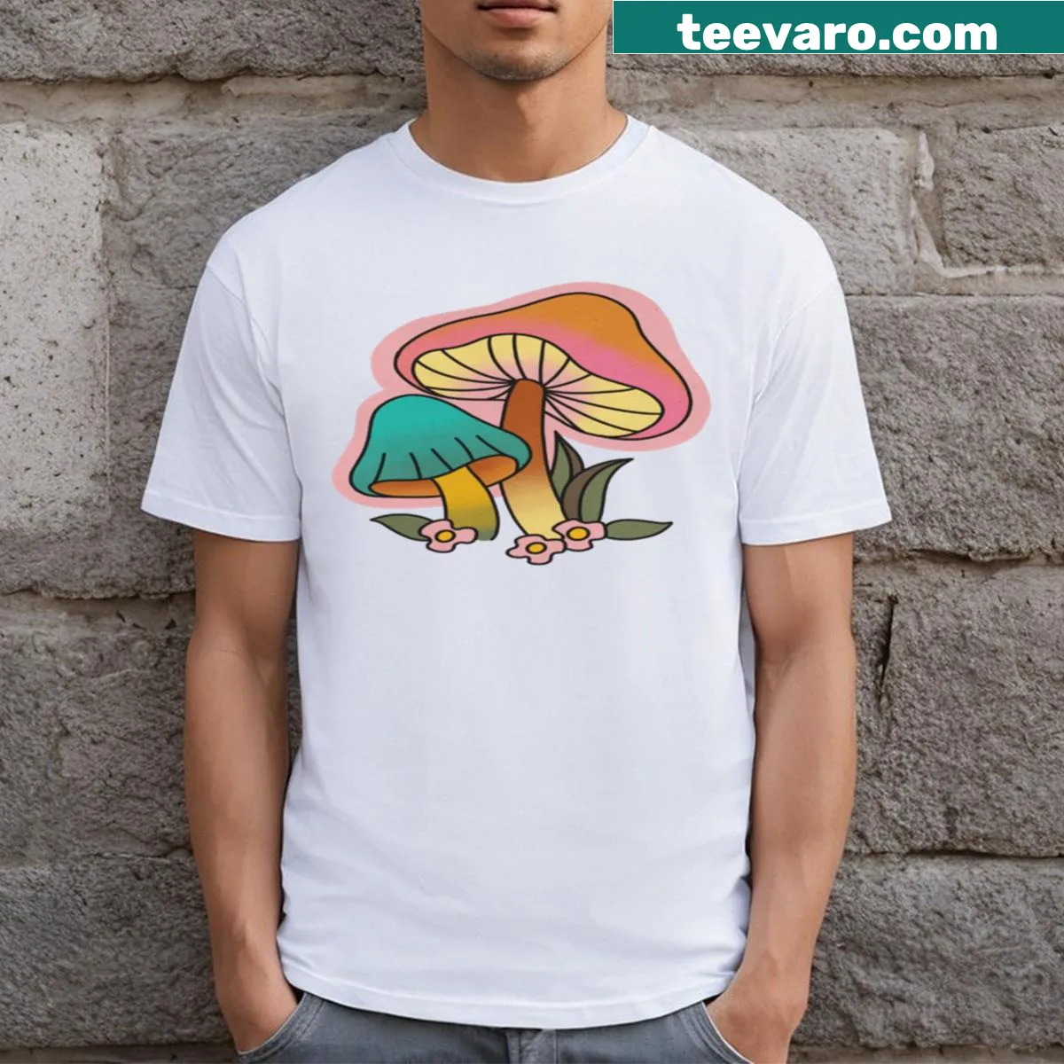 Playful t-shirt featuring retro psychedelic mushroom graphics — on a men's t-shirt