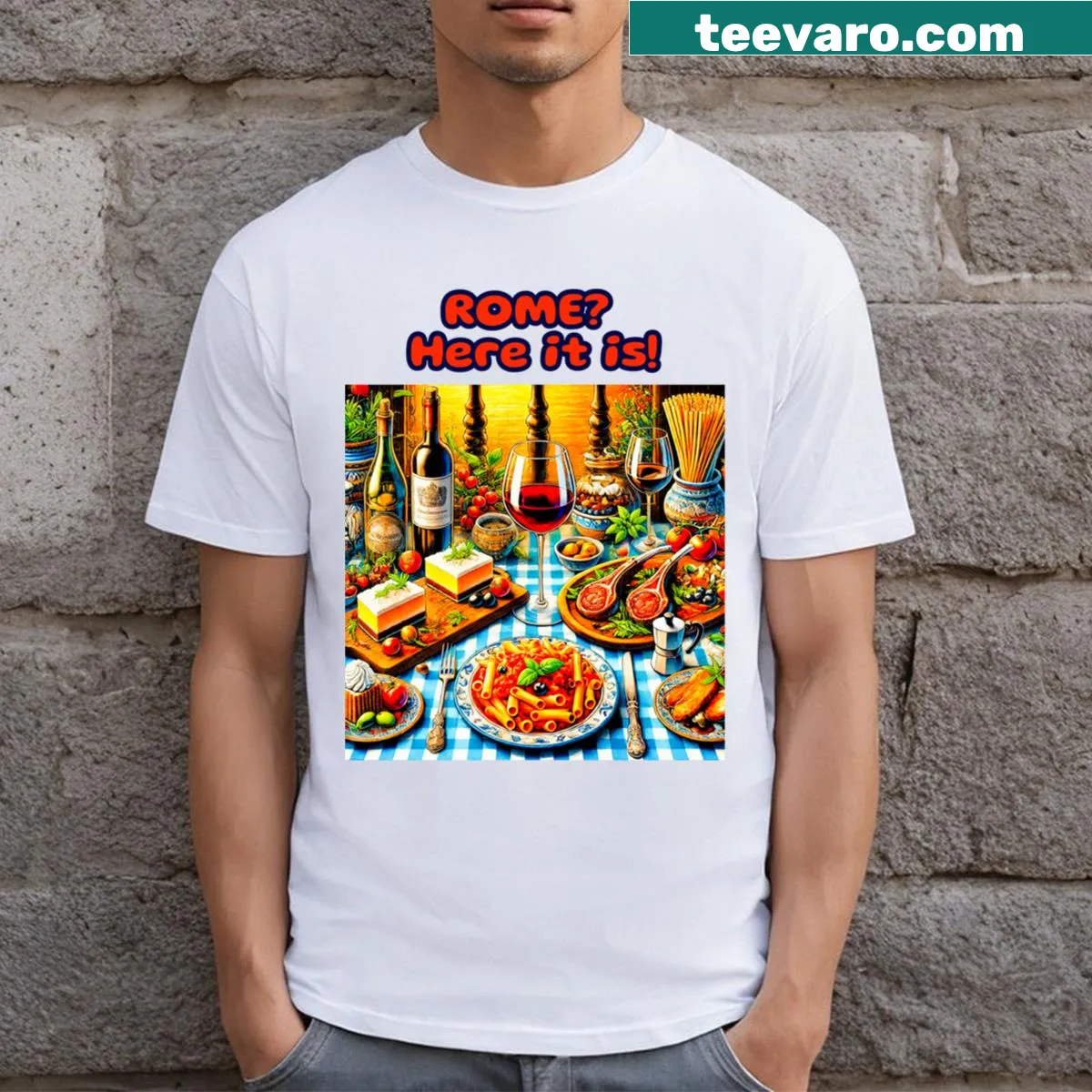 T-shirt featuring a design of Roman cuisine dishes and text — on a men's t-shirt