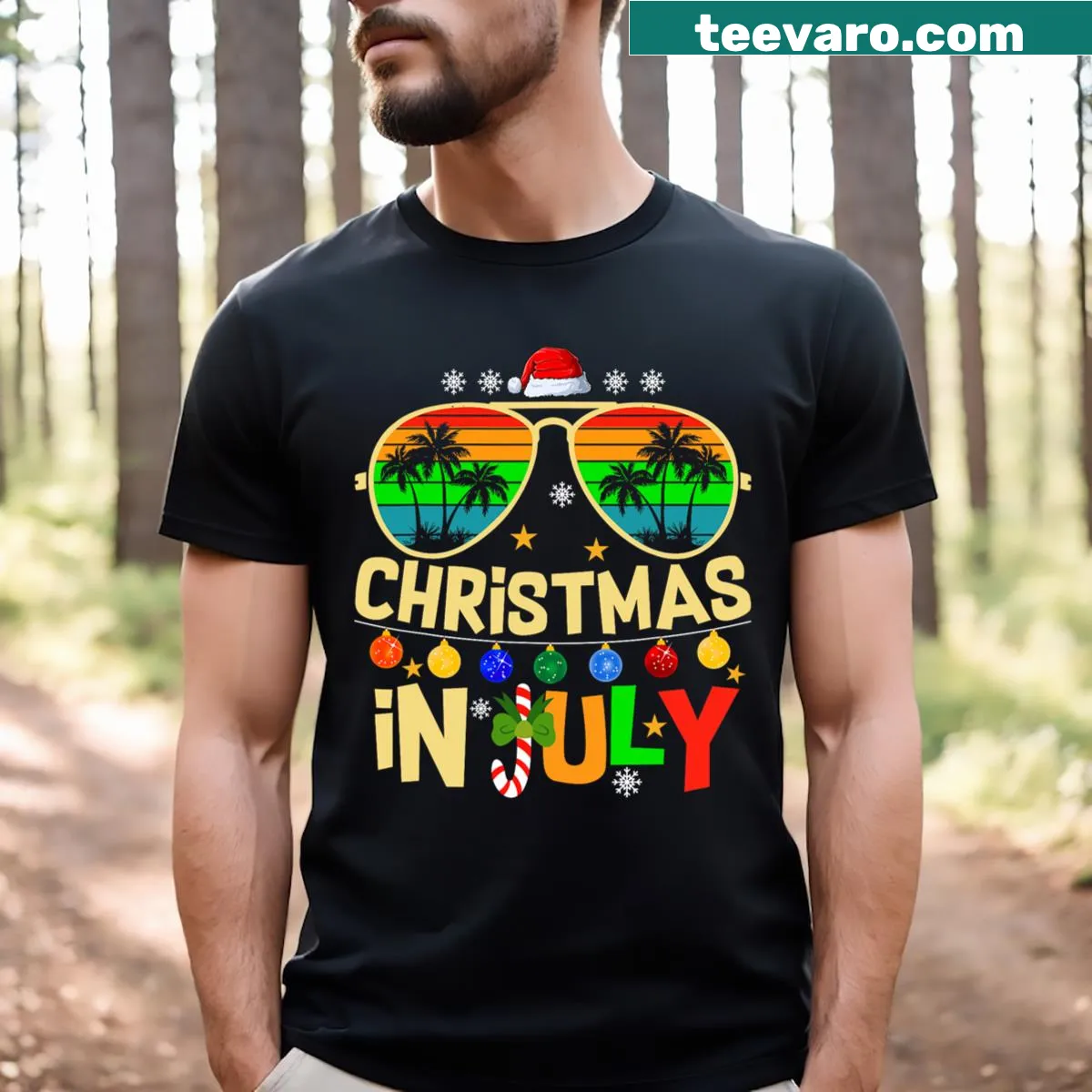 Playful Santa in sunglasses design on a summer-themed t-shirt — on a men's t-shirt