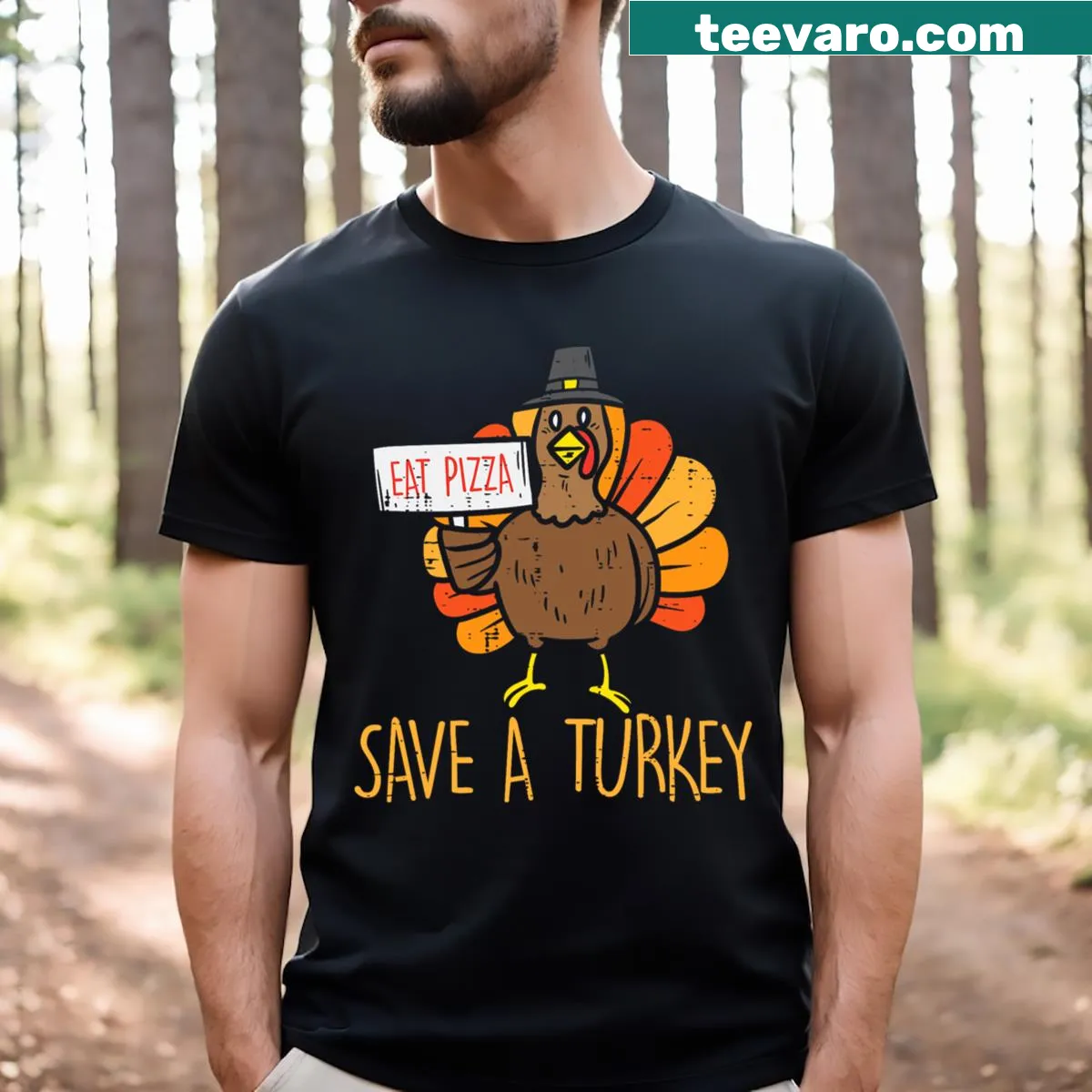 Funny Thanksgiving T-shirt with pizza and turkey message — on a men's t-shirt