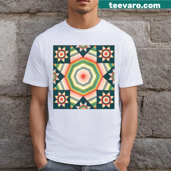 Quilt-style graphic of the Star of Bethlehem on a T-shirt