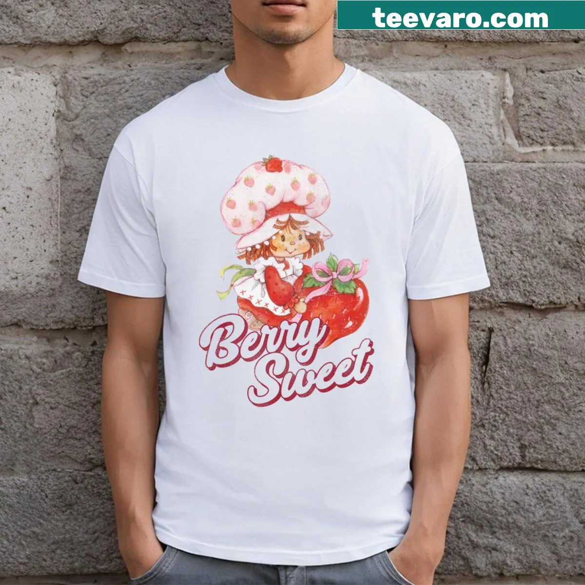 Vintage graphic of Strawberry Shortcake on a casual T-shirt — on a men's t-shirt