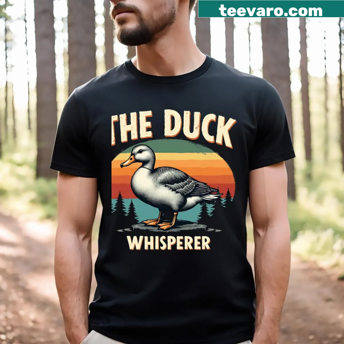 Illustration of a person whispering to ducks on a T-shirt — on a men's t-shirt