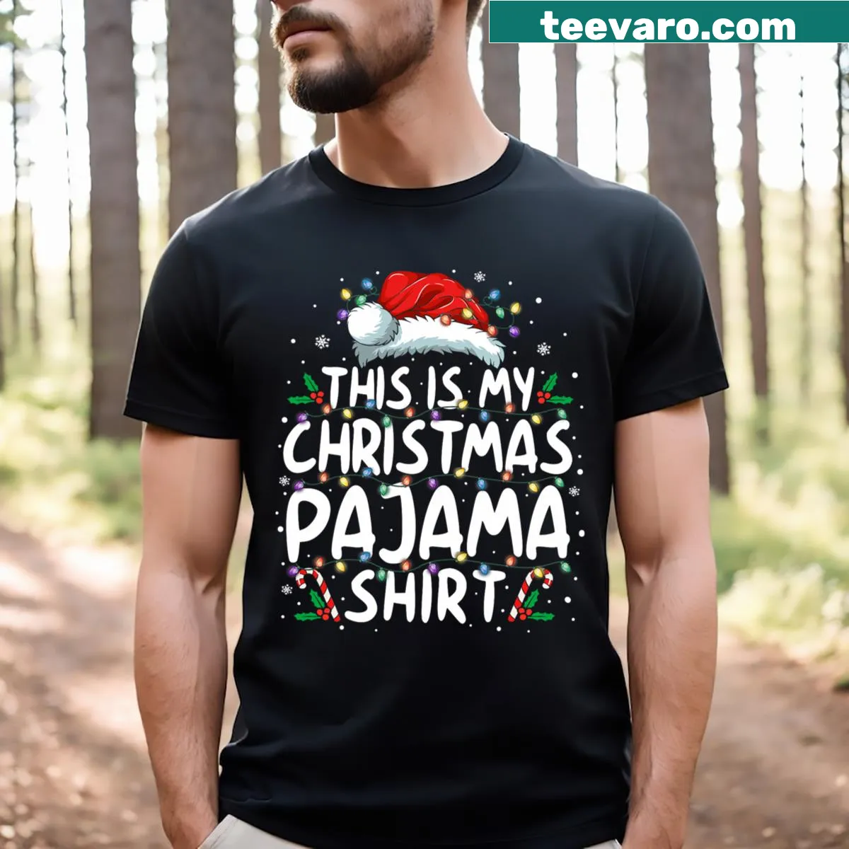 Funny Christmas Pajama t-shirt for men with playful message. — on a men's t-shirt
