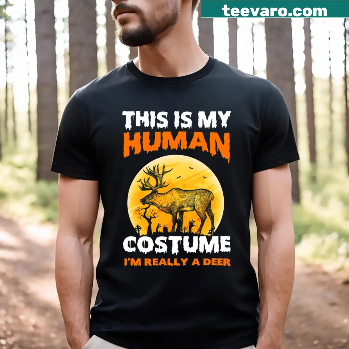 Funny Halloween T-shirt with the phrase 'This Is My Human Costume I'm Really A Deer' — on a men's t-shirt