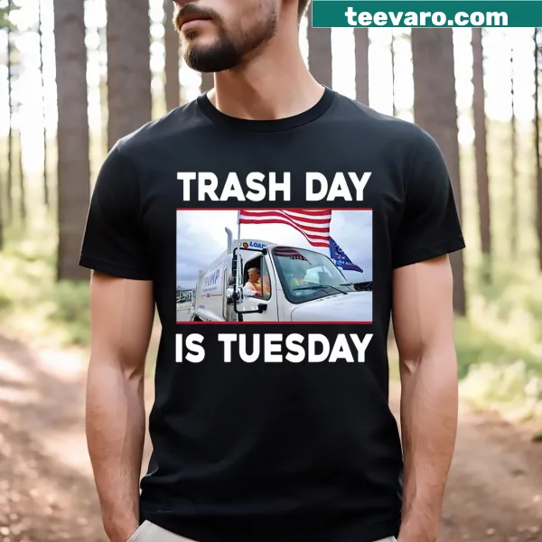 Cartoon garbage truck graphic with 'Trash Day Is Tuesday' and American flag