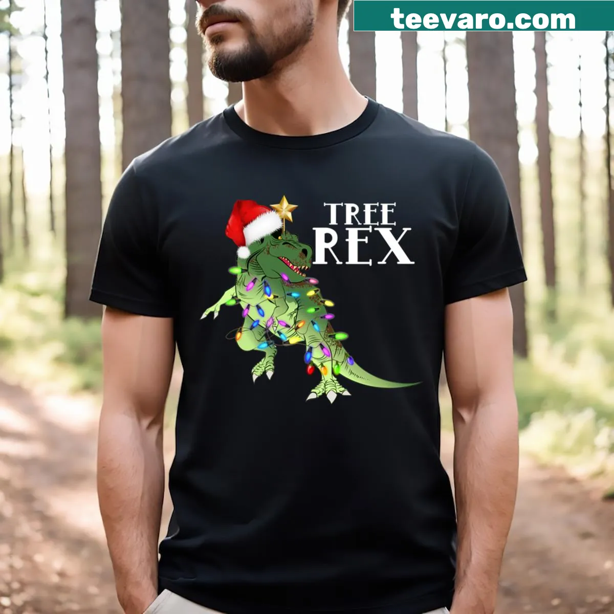 T-Rex wearing a Santa hat and Christmas lights in a playful design — on a men's t-shirt