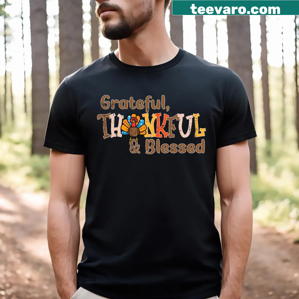 T-shirt featuring the words 'Grateful, Thankful, Blessed' for Thanksgiving. — on a men's t-shirt