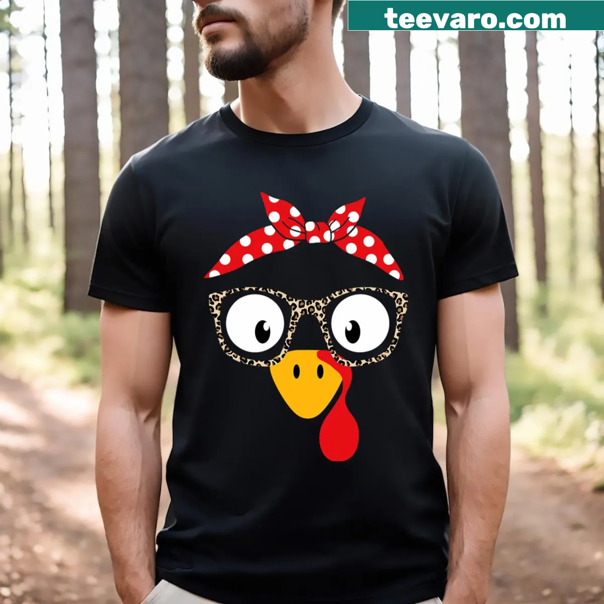 Thanksgiving shirt featuring a woman with leopard glasses and a turkey graphic. — on a men's t-shirt