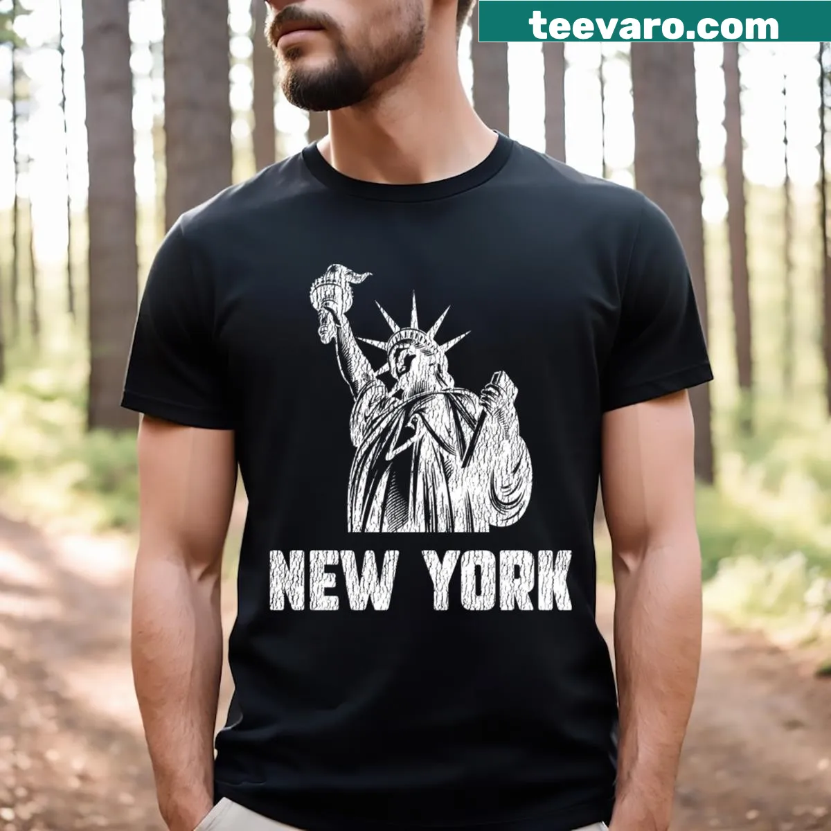 Vintage distressed T-shirt featuring the Statue of Liberty design — on a men's t-shirt