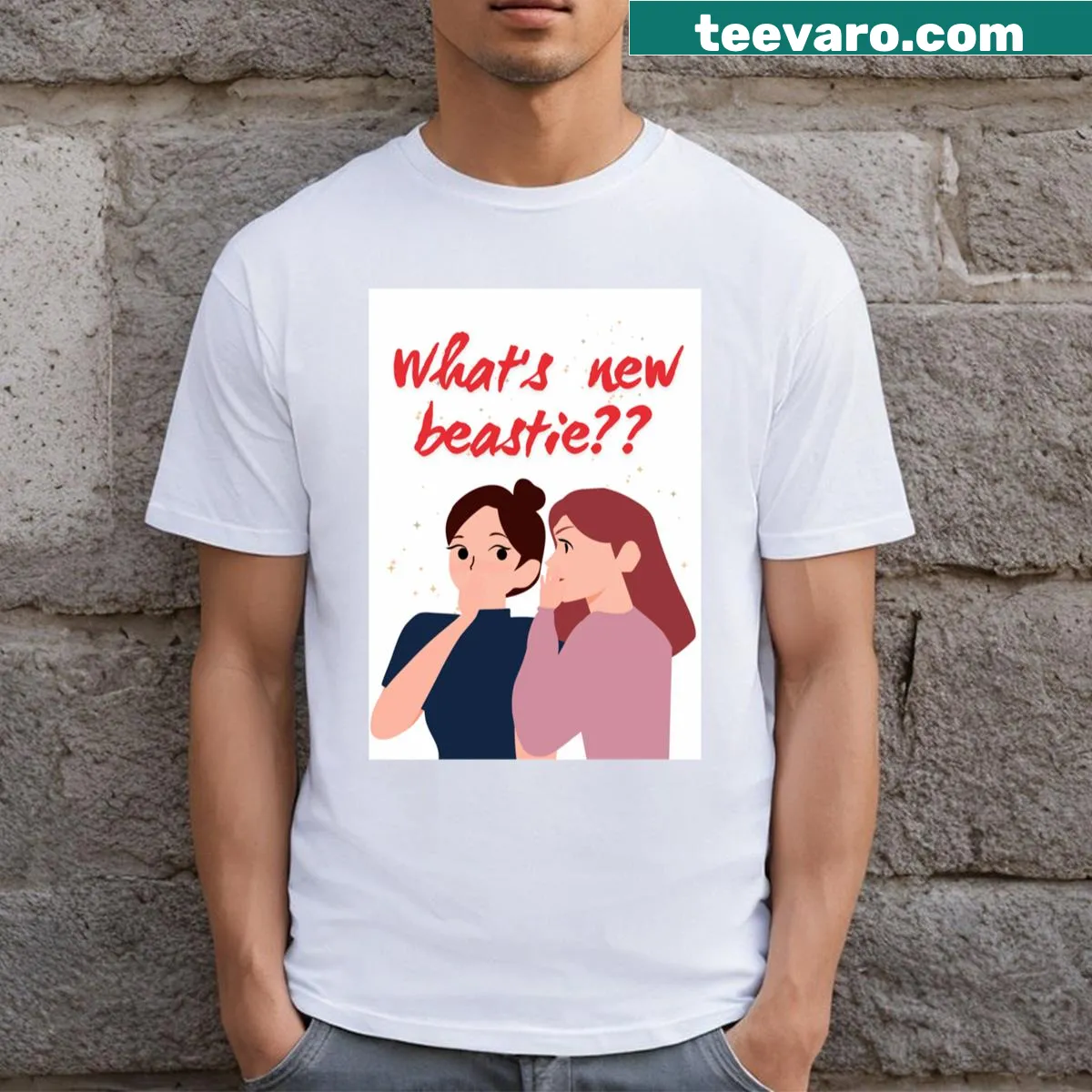 Playful T-shirt asking 'What's New Bestie?' in fun typography — on a men's t-shirt