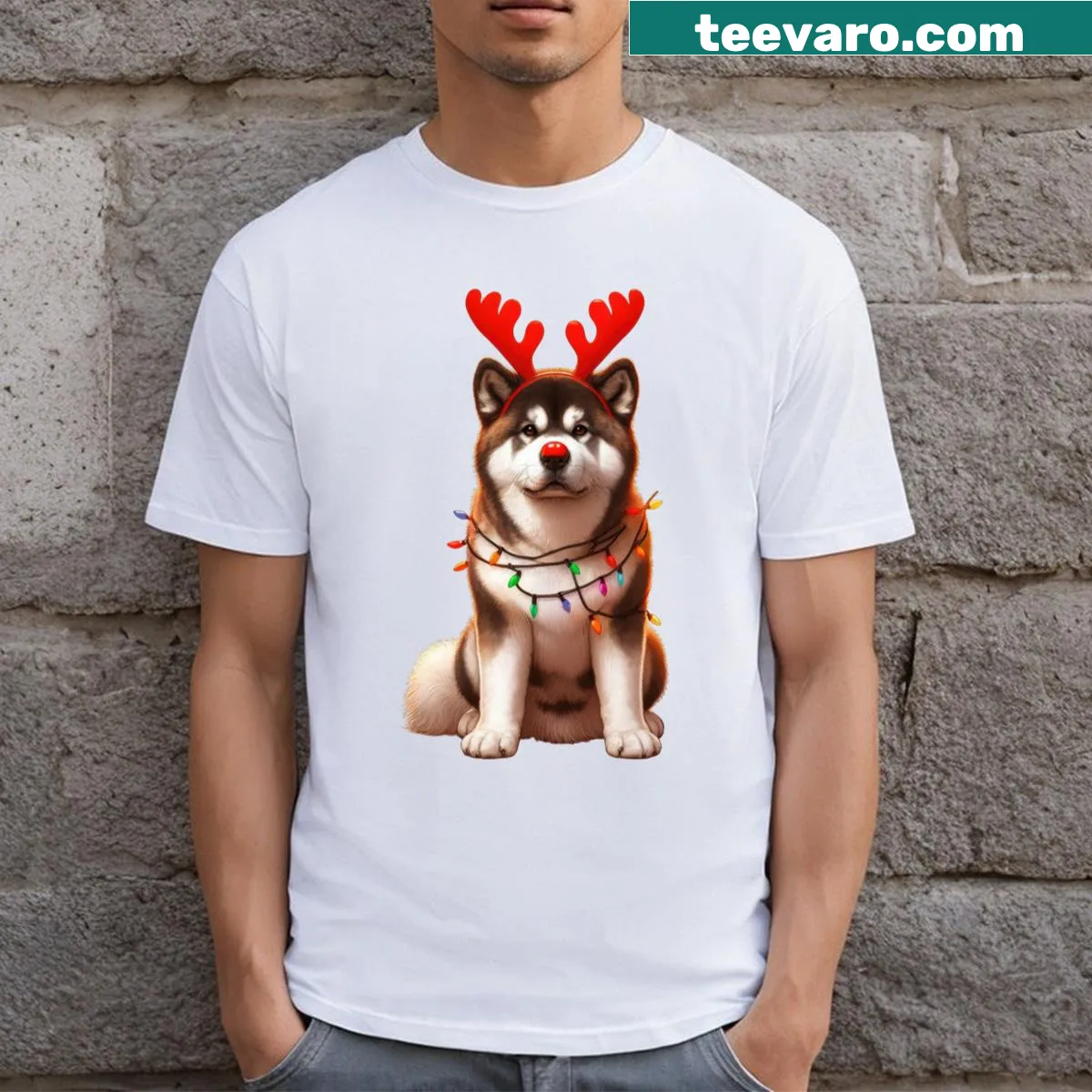 Christmas t-shirt featuring an adorable Akita dog illustration — on a men's t-shirt