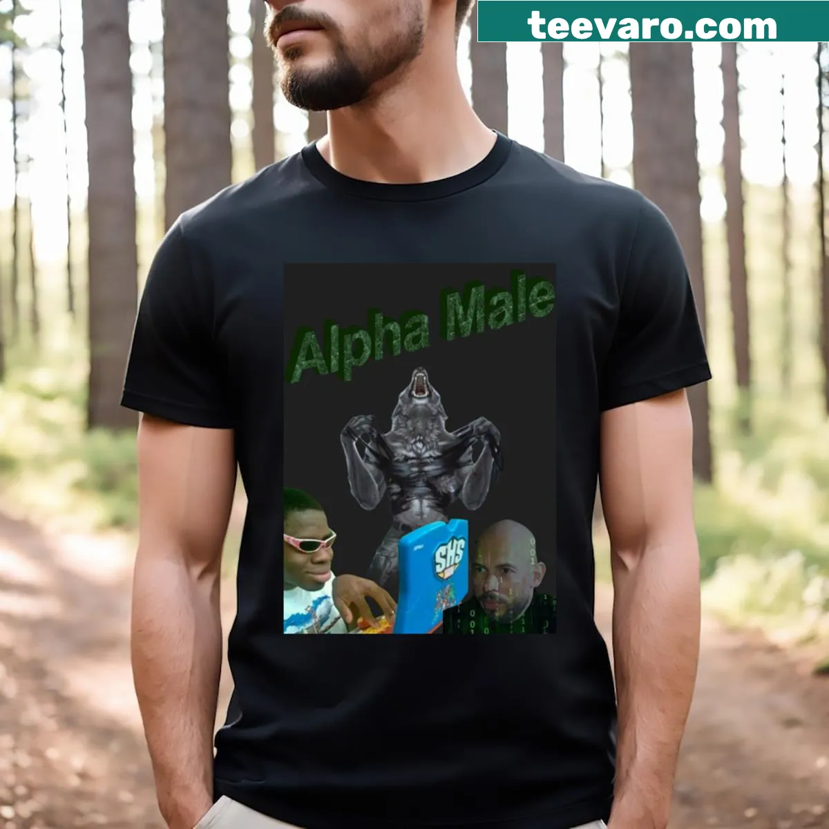 Bold typography Alpha Male T-shirt with assertive text — on a men's t-shirt