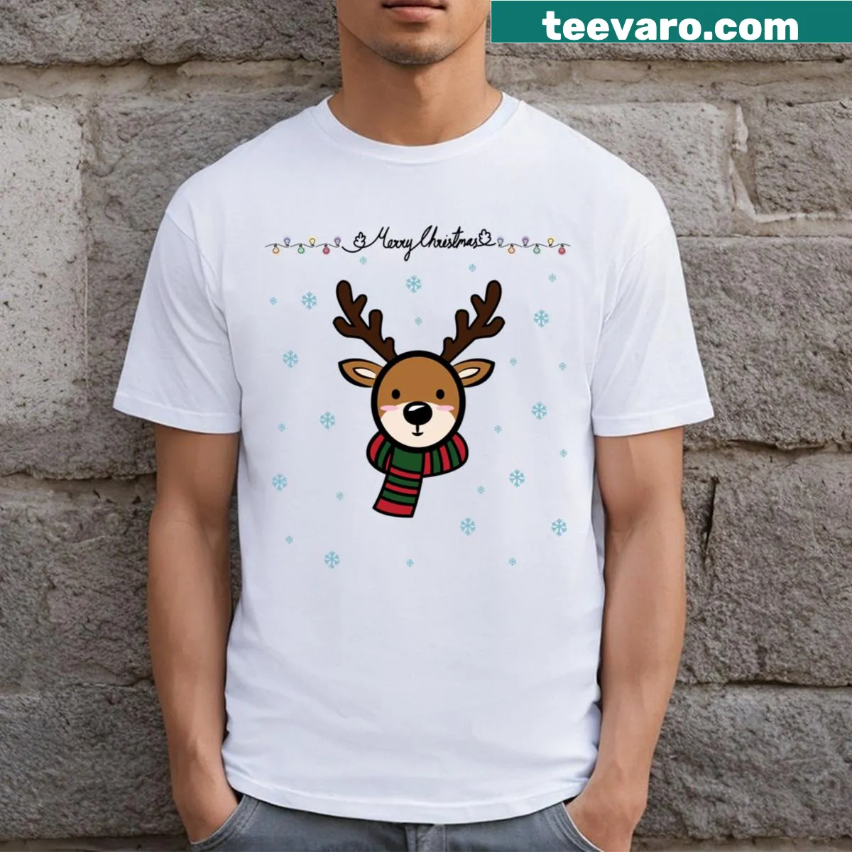 Adorable reindeer Christmas T-shirt with Merry Christmas text — on a men's t-shirt