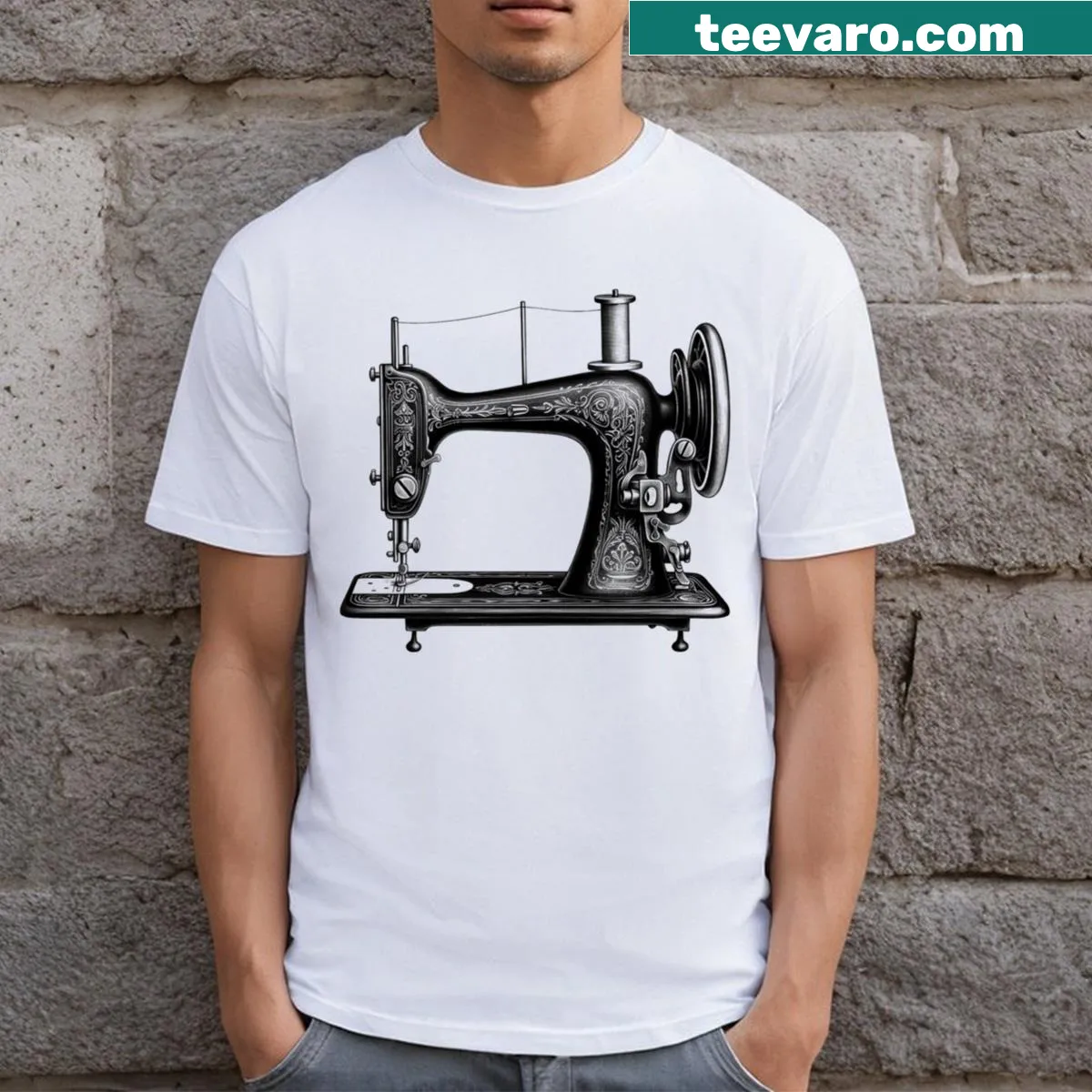 Vintage sewing machine T-shirt with old metal hook and needle — on a men's t-shirt