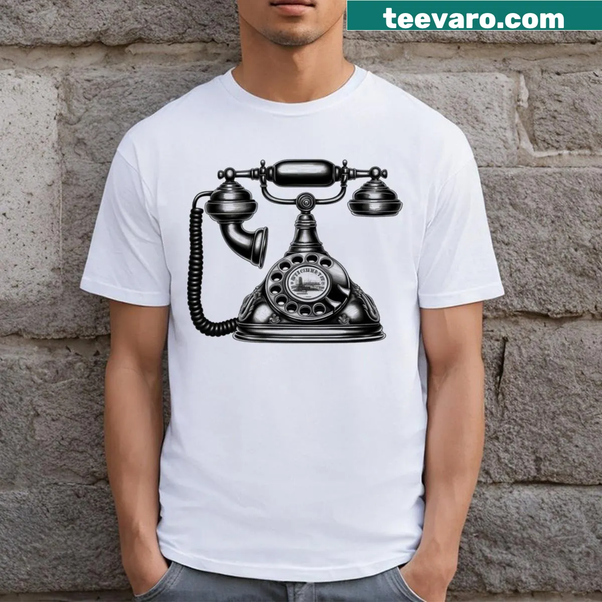 Nostalgic T-shirt with vintage telephone dial graphic — on a men's t-shirt