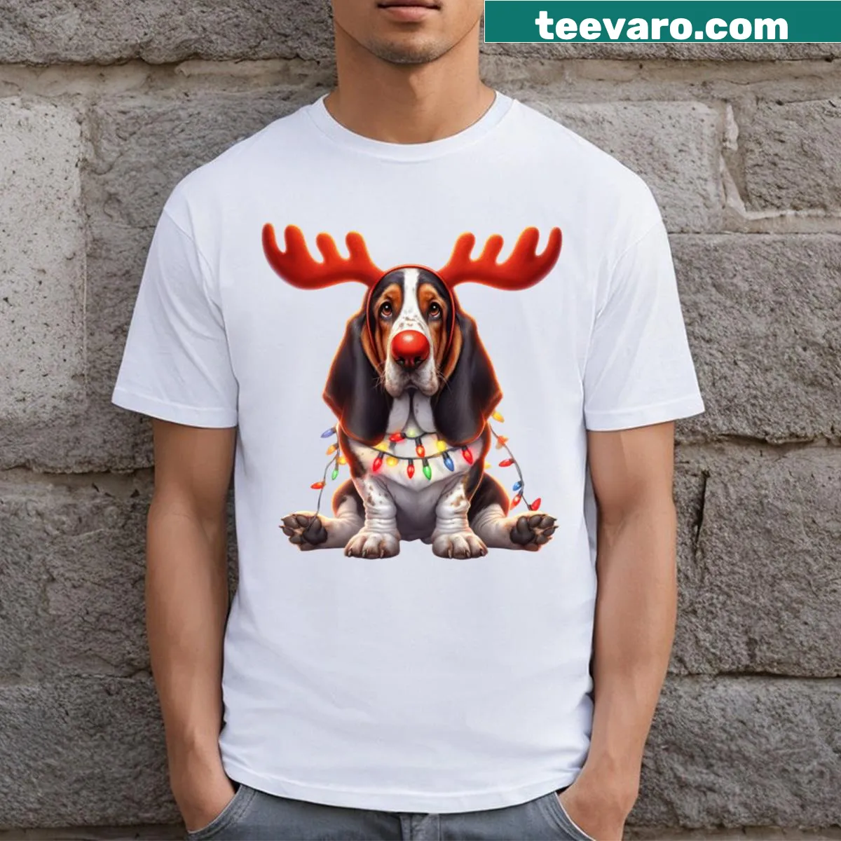 T-shirt featuring an illustration of a Basset Hound dog — on a men's t-shirt