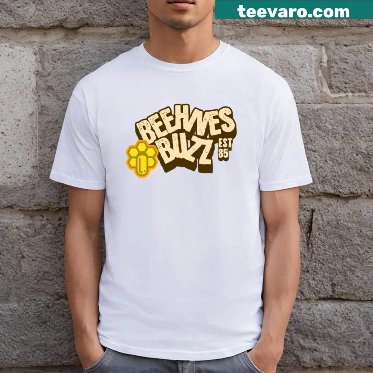 Urban beekeeping themed t-shirt with 'Beehives Buzz Est 85' — on a men's t-shirt