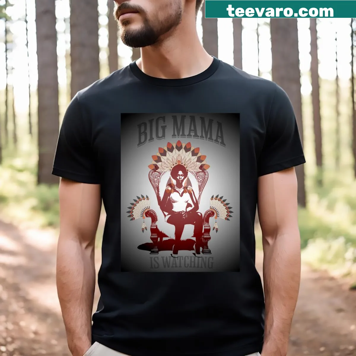 Funny t-shirt with 'Big Mama Is Watching' text — on a men's t-shirt