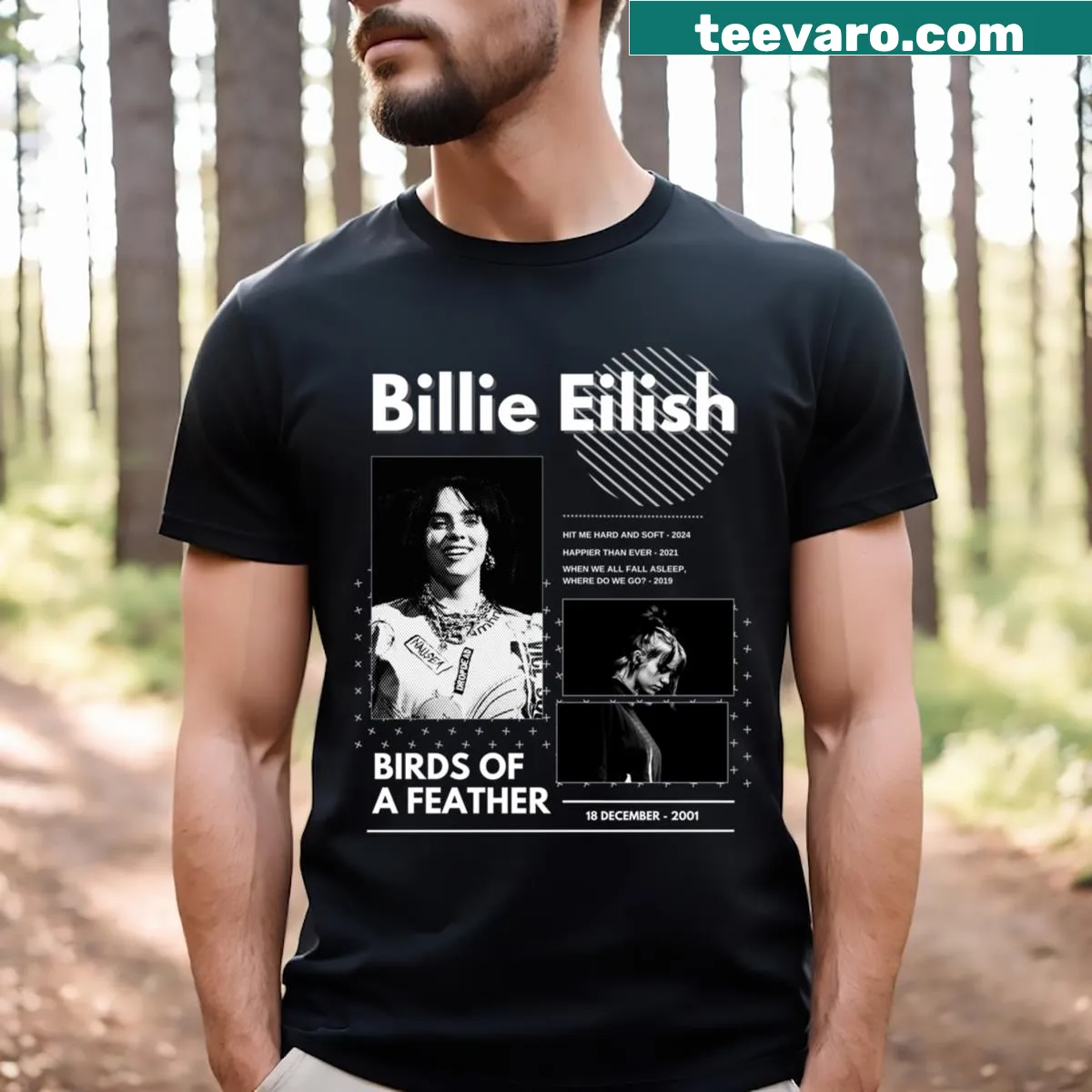 Illustrated T-shirt featuring birds and inspired by Billie Eilish — on a men's t-shirt