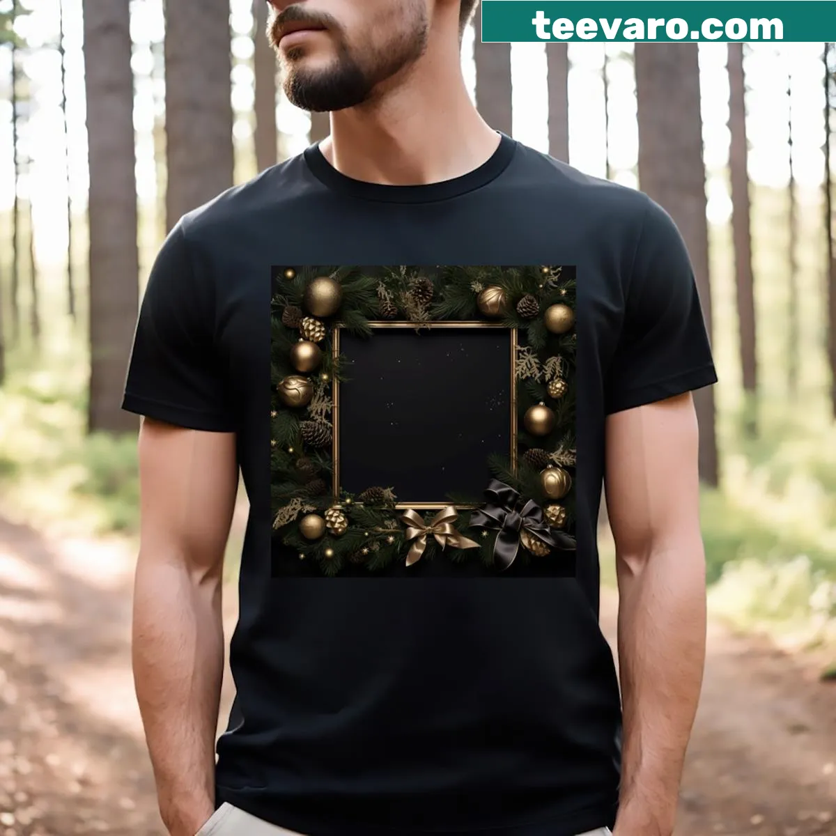 Vintage distressed T-shirt featuring a black and gold Christmas frame — on a men's t-shirt