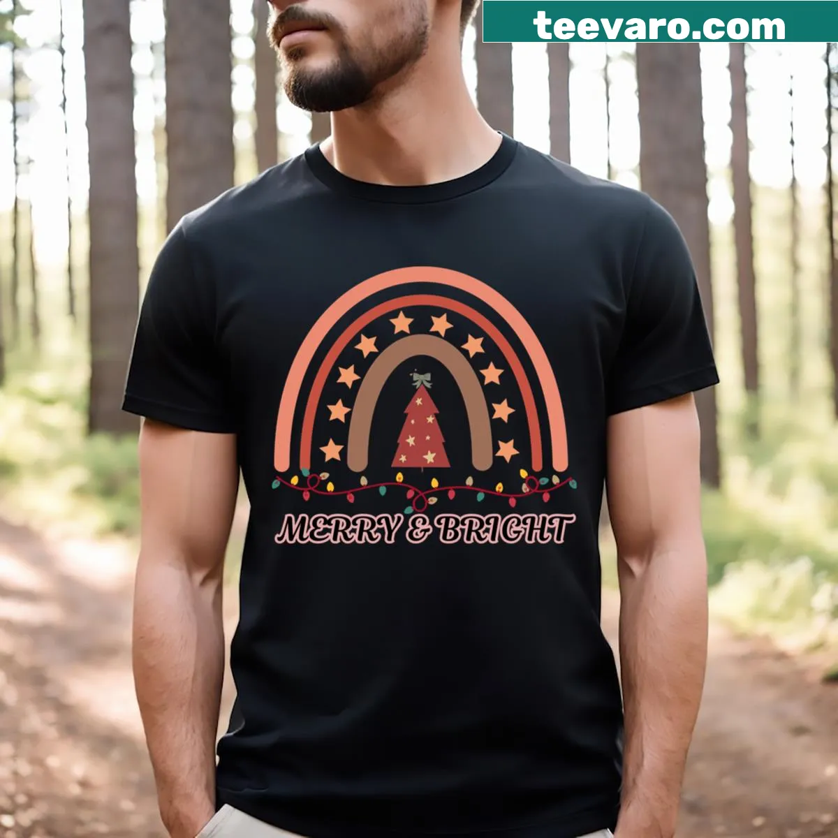 Cute illustration of a girl with a boho Christmas tree on a T-shirt. — on a men's t-shirt