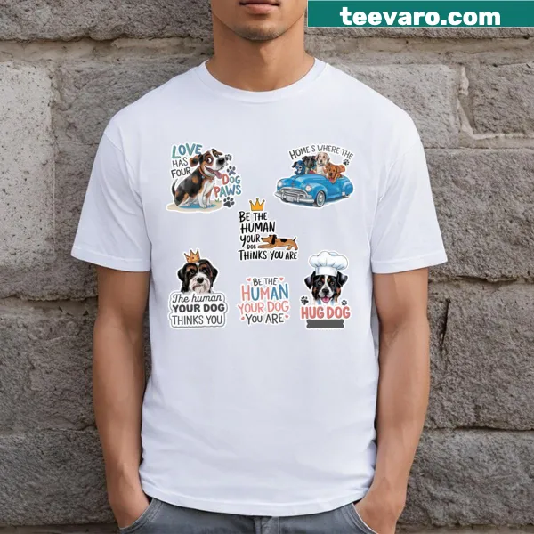 Whimsical dog-themed stickers and quotes on a T-shirt