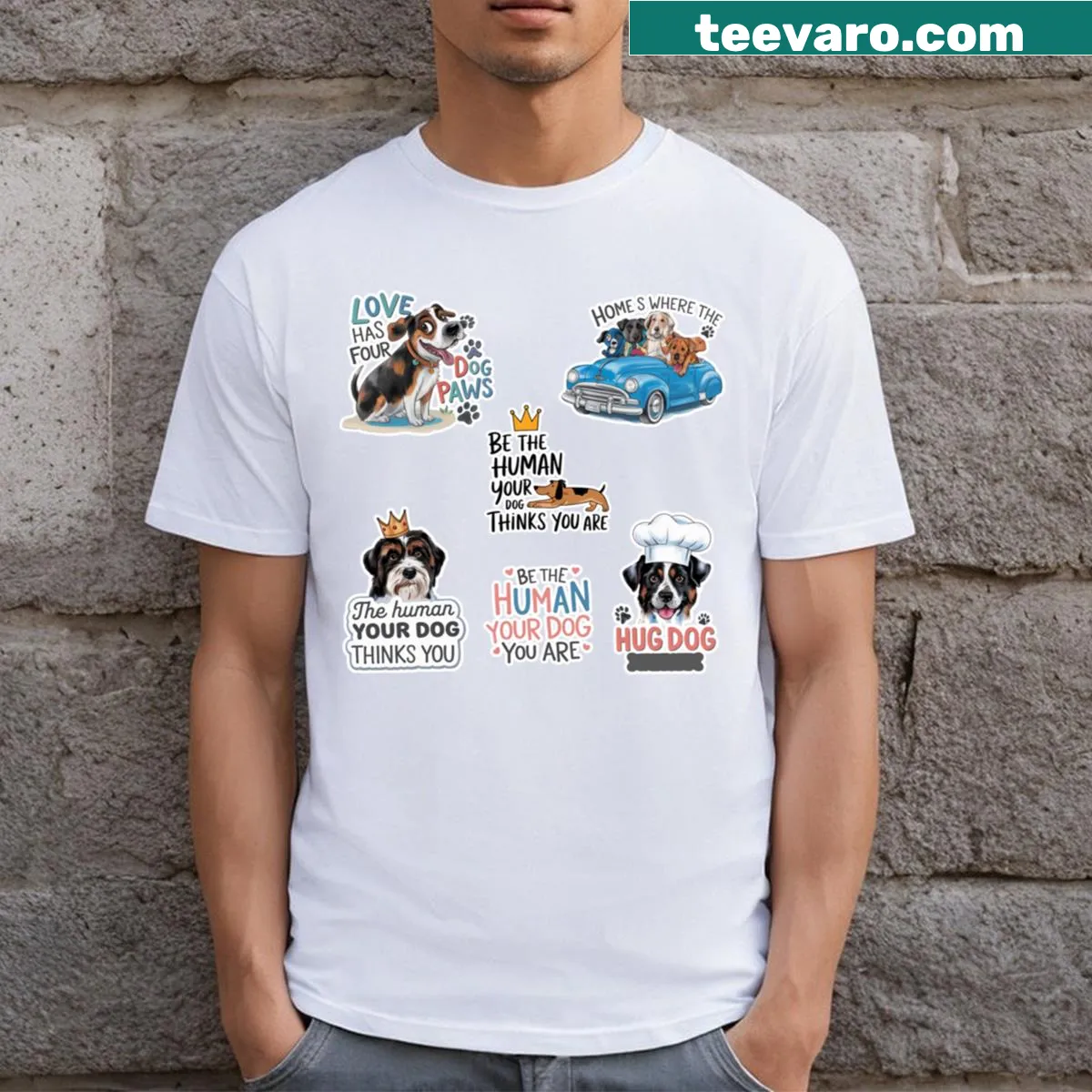 Whimsical dog-themed stickers and quotes on a T-shirt — on a men's t-shirt