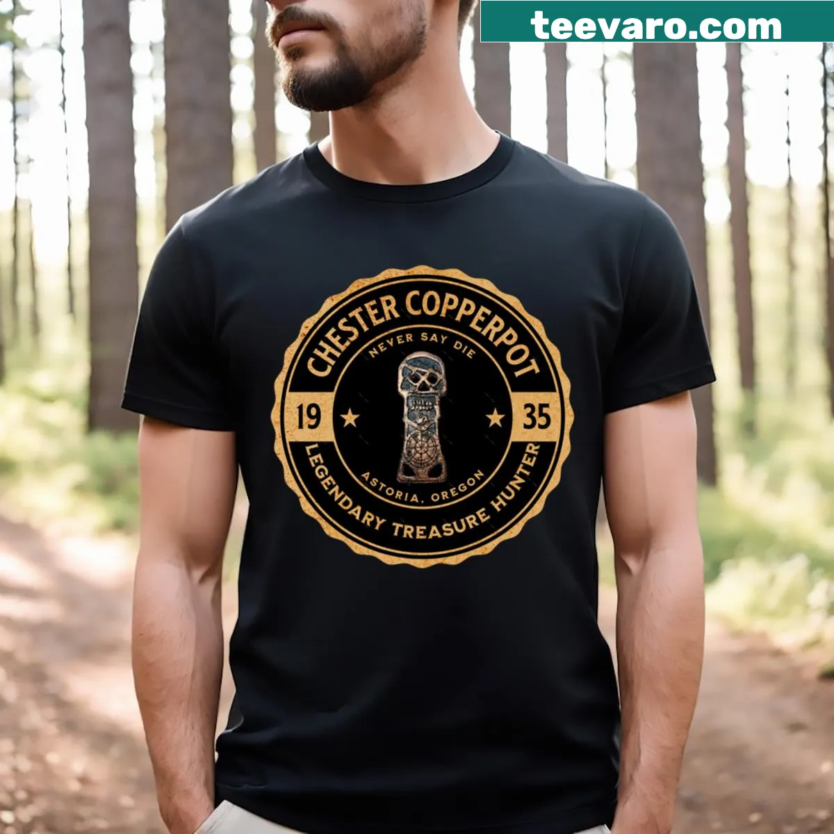 Graphic T-shirt featuring Chester Copperpot from The Goonies — on a men's t-shirt