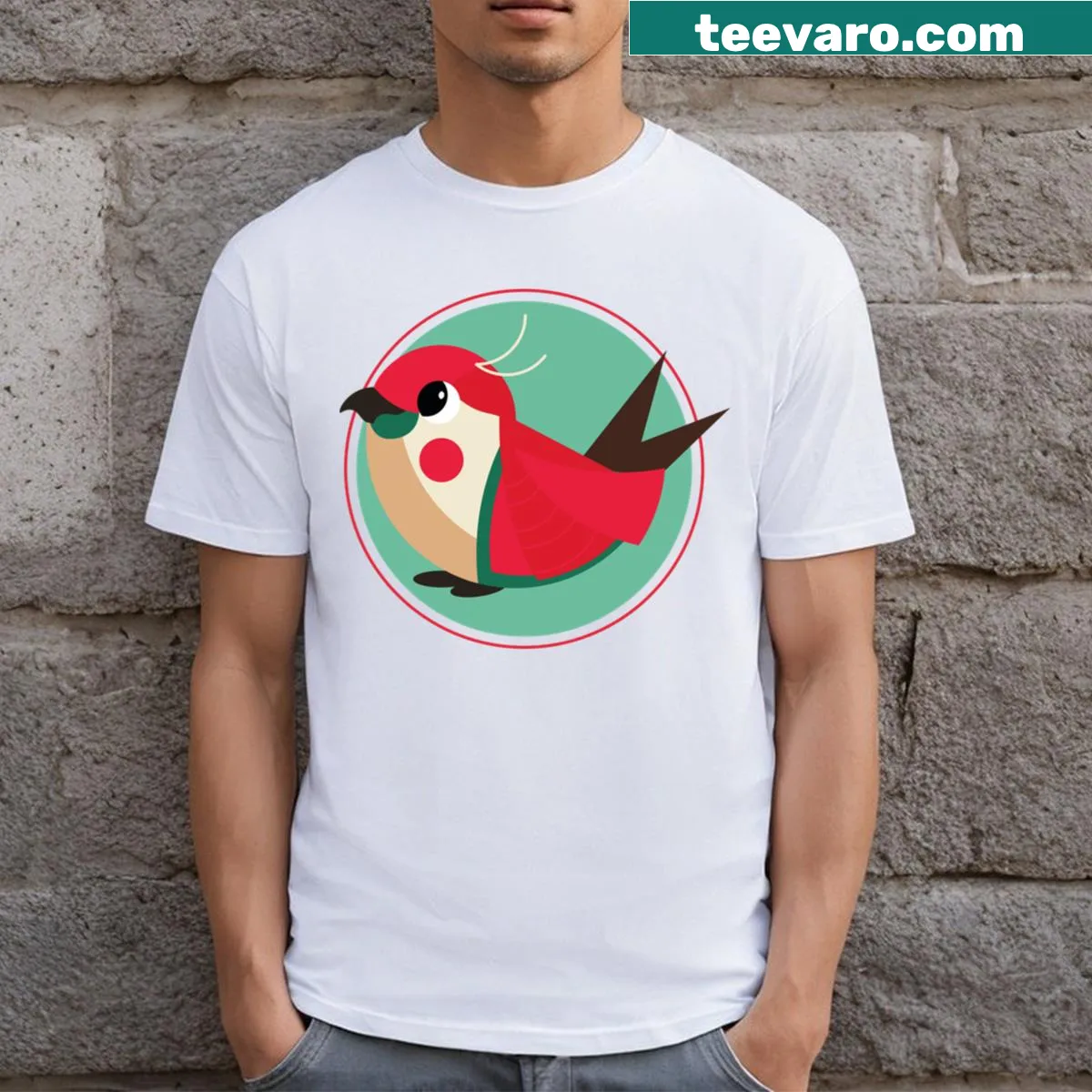 Whimsical Christmas bird t-shirt celebrating the holiday spirit — on a men's t-shirt