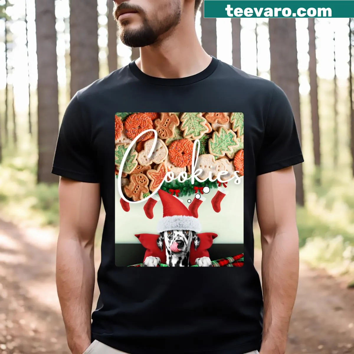 T-shirt featuring cute dog and Christmas cookies design — on a men's t-shirt