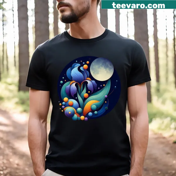 Cosmic T-shirt featuring an iris bloom and celestial sphere