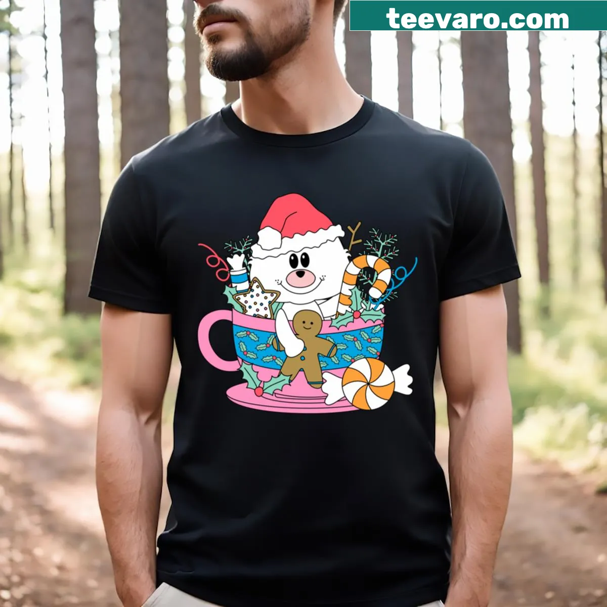 Cute bear graphic with a Christmas mug illustration — on a men's t-shirt