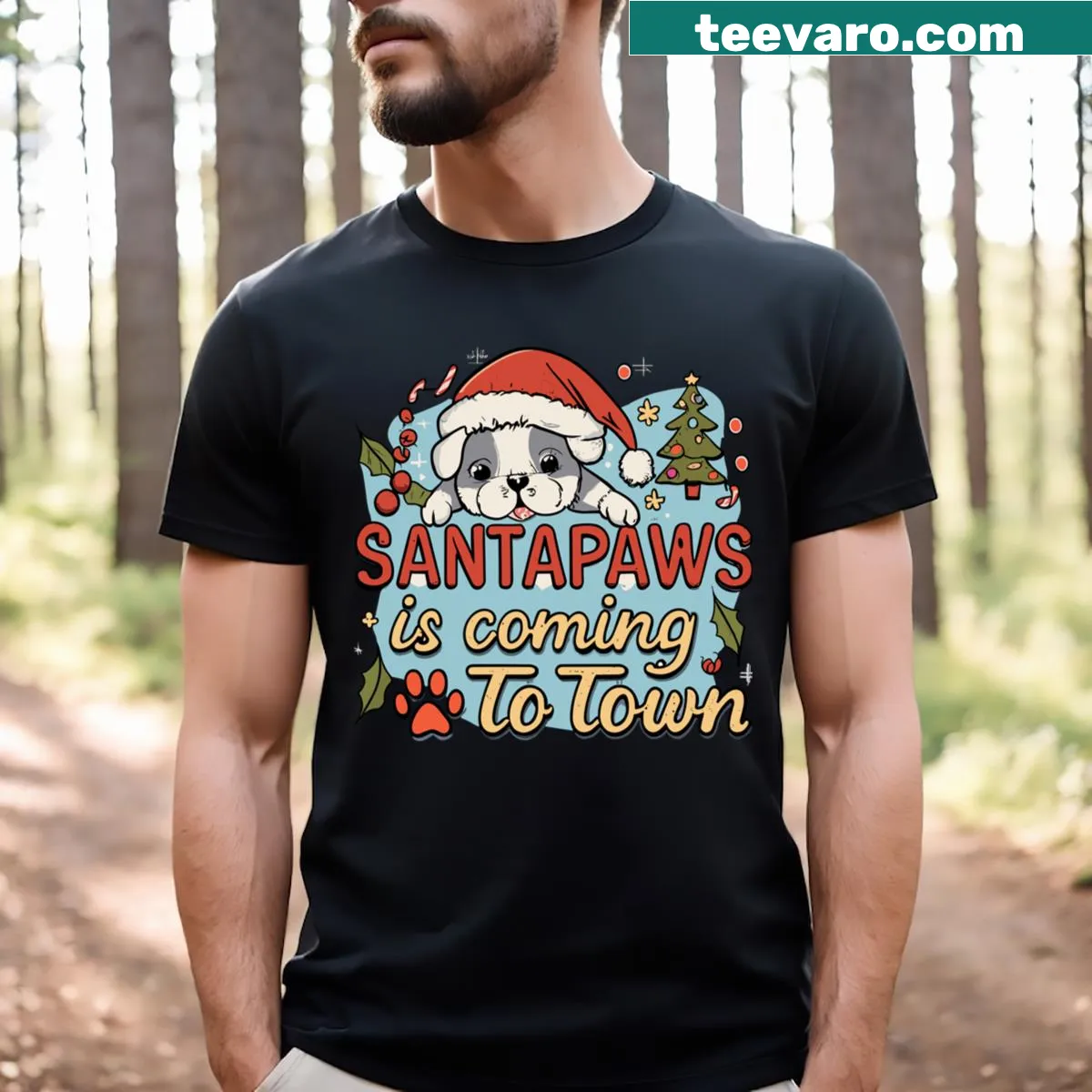 Illustration of a cute puppy in festive decorations on a Christmas T-shirt — on a men's t-shirt