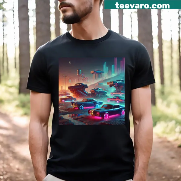 Cyberpunk car cemetery artwork on a T-shirt