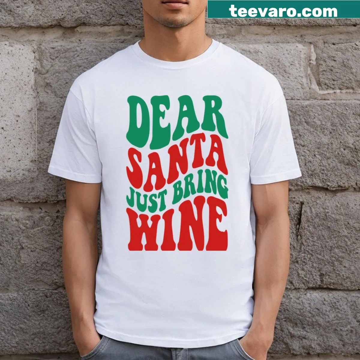 Funny T-shirt with bold text requesting wine from Santa — on a men's t-shirt