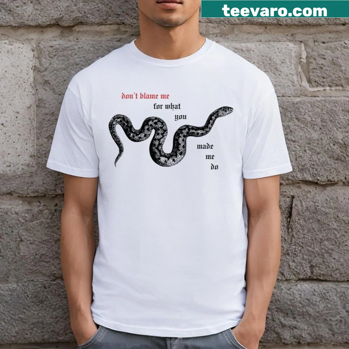 T-shirt featuring a sarcastic text and snake graphic — on a men's t-shirt
