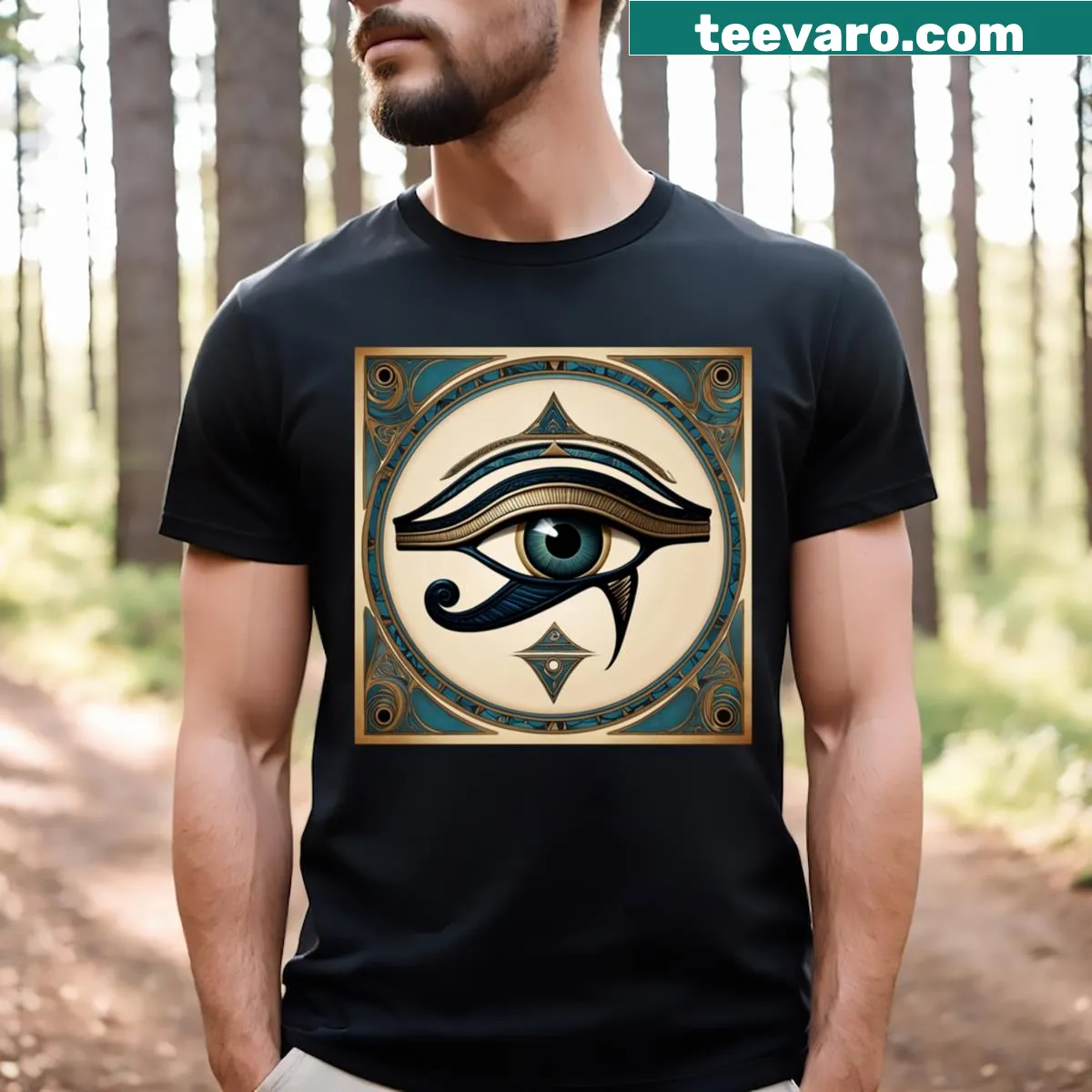 Egyptian Eye of Horus design T-shirt with intricate patterns — on a men's t-shirt