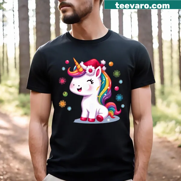 Festive unicorn t-shirt with a whimsical holiday design