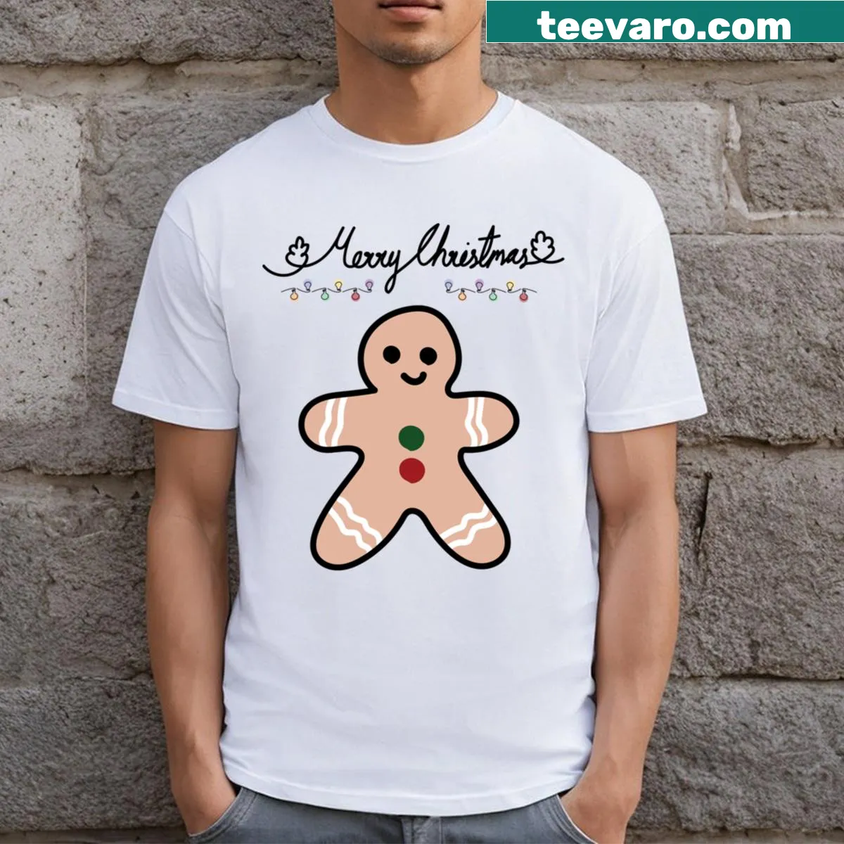 Cute T-shirt with a gingerbread man and Merry Christmas text — on a men's t-shirt