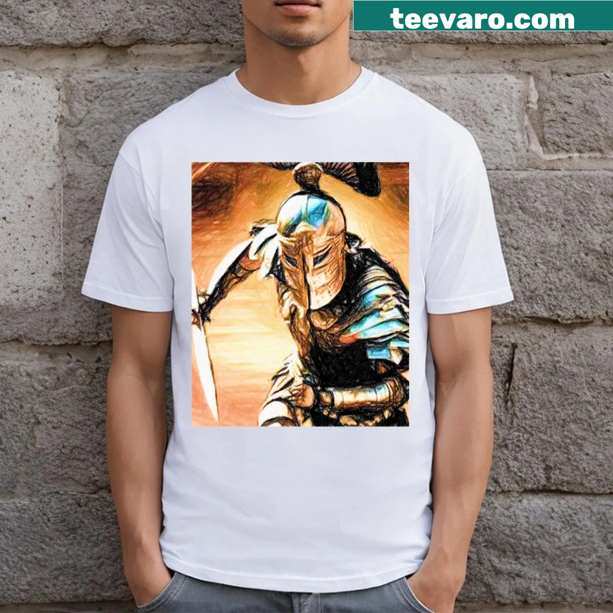 T-shirt featuring a gladiator-themed design — on a men's t-shirt