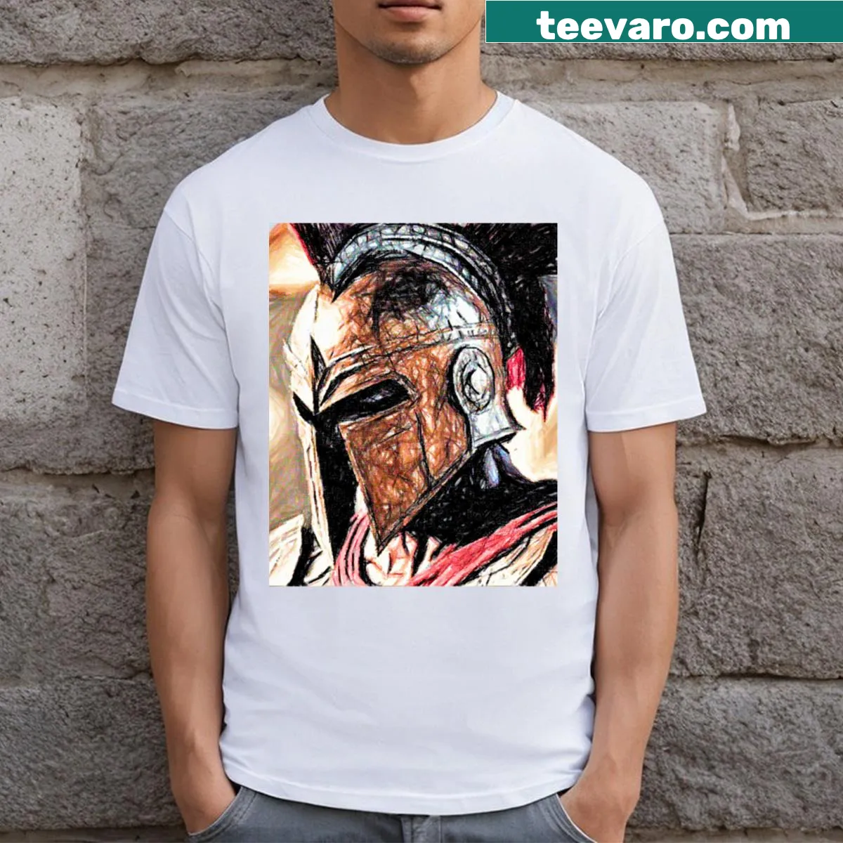 Illustrative T-shirt depicting gladiatorial themes and strength — on a men's t-shirt
