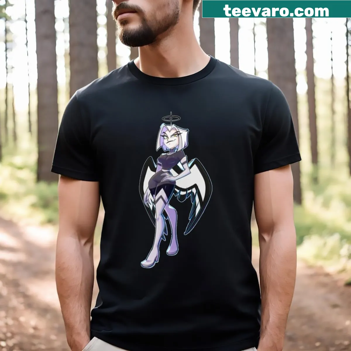 Illustrated Hazbin Hotel lute design on a T-shirt — on a men's t-shirt