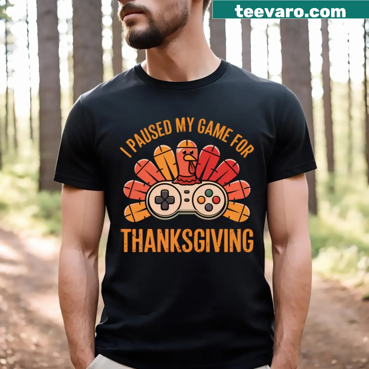 Funny Thanksgiving shirt with game controller and turkey design — on a men's t-shirt
